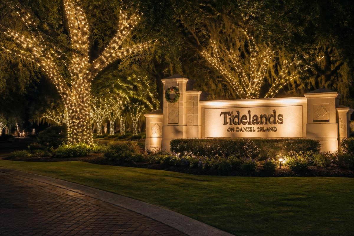 Neighborhood entrance and live oak trees wrapped in warm white holiday lights